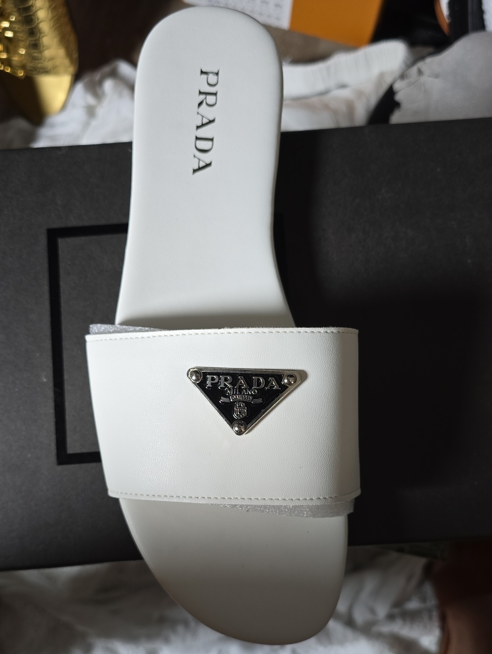 Prada White Logo Slide Sandals
